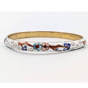 VTG Cloisonne Bangle Bracelet White Enamel Floral Cherry Blossom Brass 8" READ